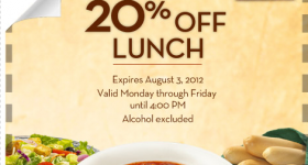 Olive Garden: 20% off your entire lunch bill