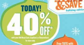 Old Navy Cardholders – 40% off + Free Tote