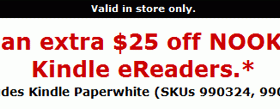 Staples: Today ONLY – get $25 off of a Nook or Kindle e-reader!