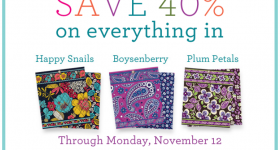 Vera Bradley: 40% off Happy Snails, Boysenberry and Plum Petals Colors