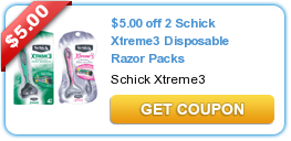 Save $5.00 on Two Schick Xtreme3 Disposable Razor Packs