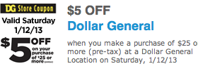 Dollar General: $5 off $25 Coupon {1/12 Only!}