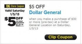 Dollar General: $5 off $30 purchase printable coupon