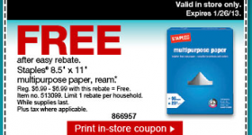 Staples: FREE Ream Multi-purpose Paper