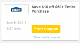 Printable Coupon: $10 off $50 Lowe’s Purchase
