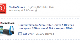 Radio Shack: $10 off $20 coupon (Facebook offer)