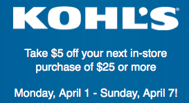 Kohl’s coupon: $5 off $25 purchase (mobile device required)