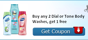 New Buy 2 Dial or Tone Body Washes, Get One Free Coupon Available